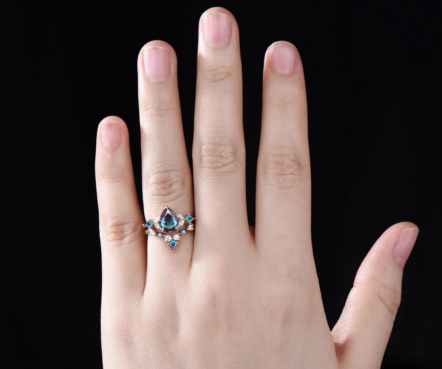 Teardrop Alexandrite engagement ring set cluster moissaanite kite alexandrite ring art deco crown wedding band June birthstone ring bridal wedding set sold by Willwork Jewelry product image thumbnail 2