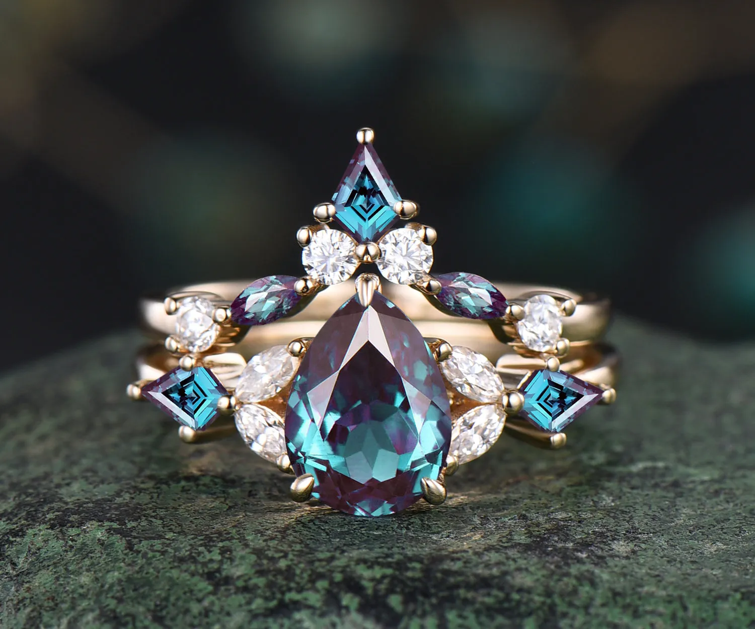 Teardrop Alexandrite engagement ring set cluster moissaanite kite alexandrite ring art deco crown wedding band June birthstone ring bridal wedding set sold by Willwork Jewelry