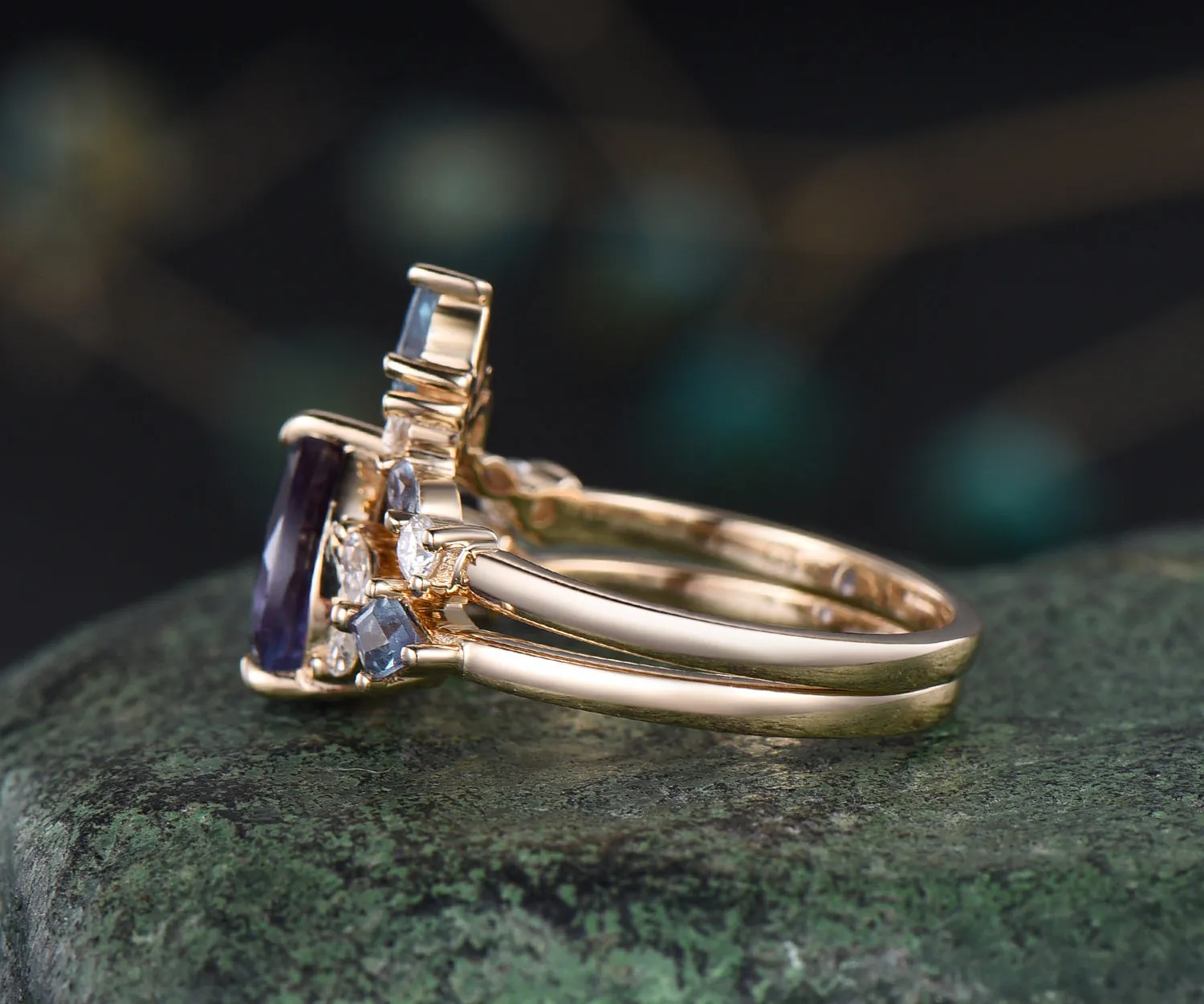 Teardrop Alexandrite engagement ring set cluster moissaanite kite alexandrite ring art deco crown wedding band June birthstone ring bridal wedding set sold by Willwork Jewelry product image thumbnail 4