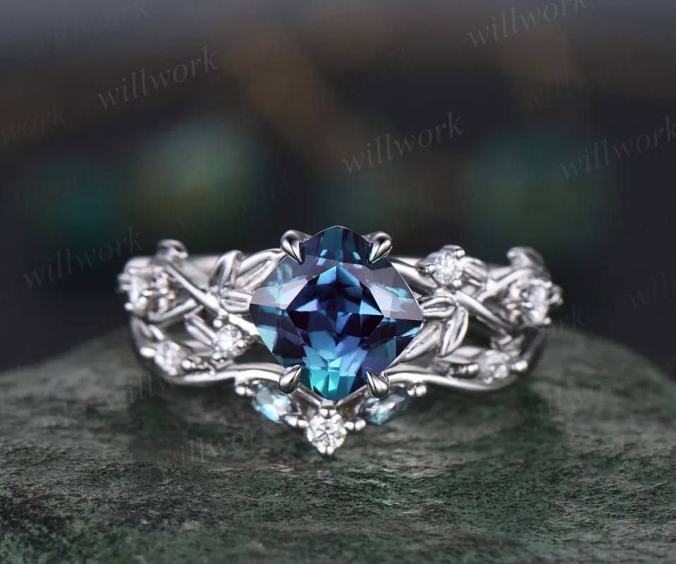 Twig cushion Alexandrite engagement ring set white gold five stone leaf branch Nature inspired ring diamond wedding ring set women gift sold by Willwork Jewelry