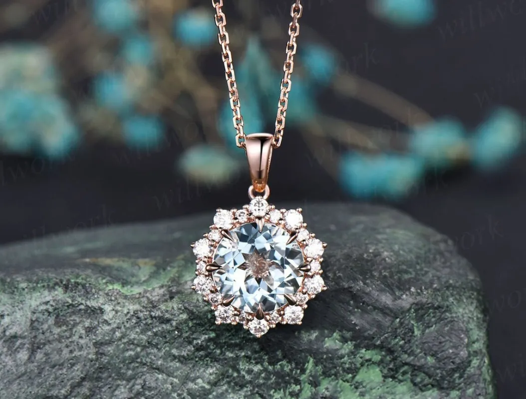 Round Aquamarine necklace vintage solid 14k 18k rose gold halo snowdrift diamond pendant March birthstone fine jewelry women her gift sold by Willwork Jewelry