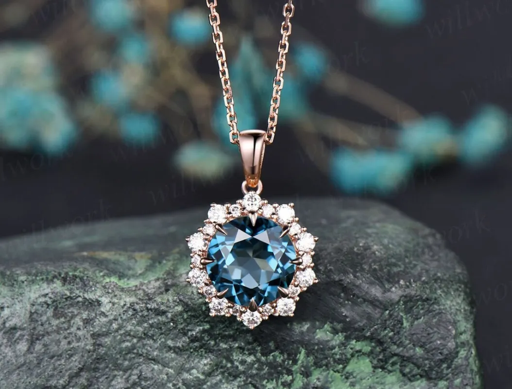Round London blue topaz necklace vintage solid 14k 18k rose gold halo snowdrift diamond pendant November birthstone jewelry women her gift sold by Willwork Jewelry
