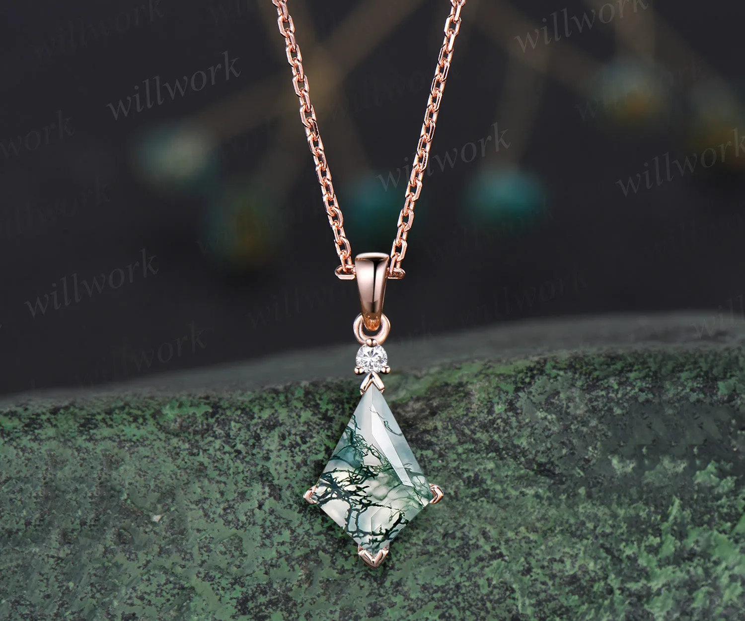 Kite natural moss agate necklace solid 14k 18k rose gold vintage unique Personalized pendant for women her anniversary bridal gift mother sold by Willwork Jewelry product image thumbnail 3