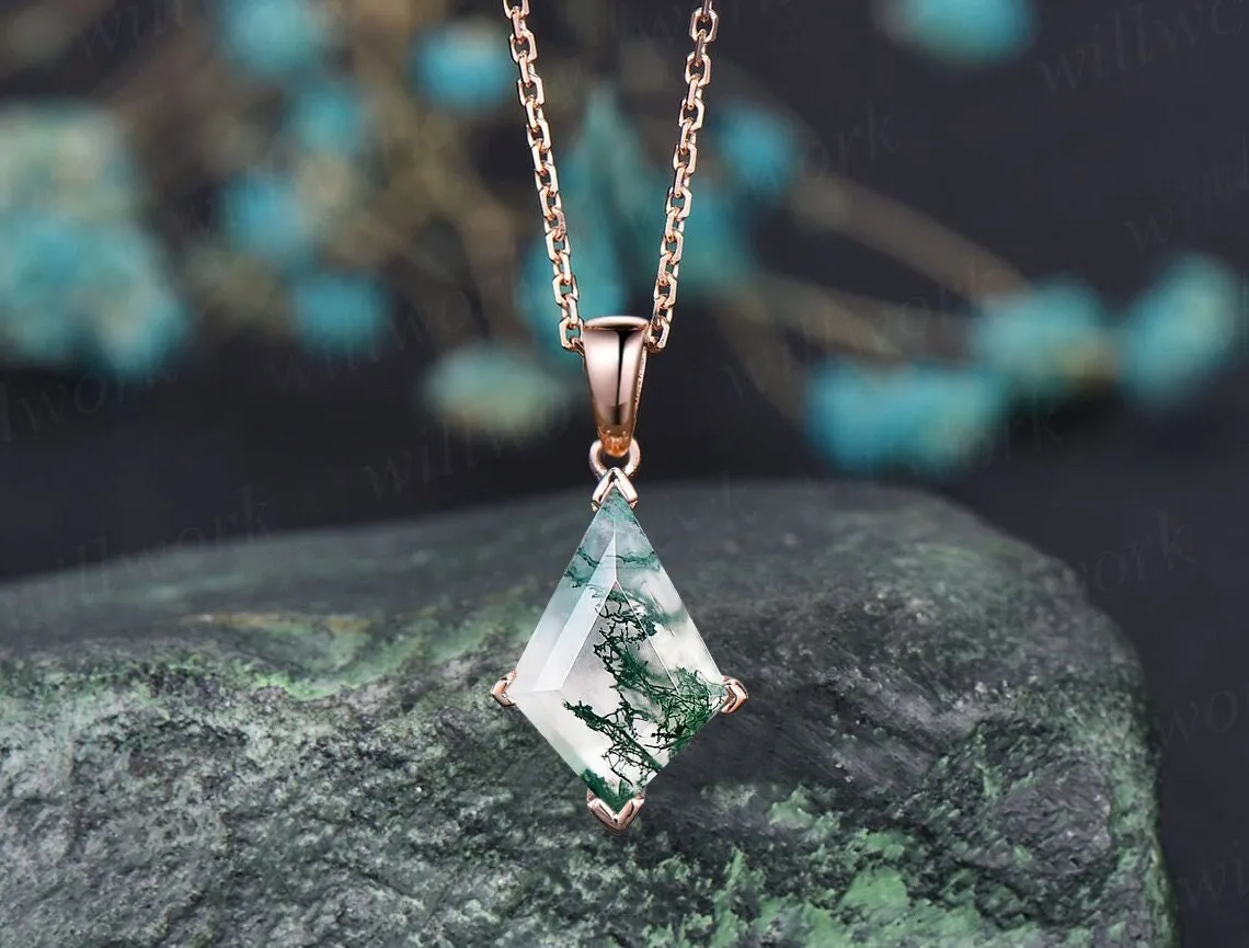 Kite natural moss agate necklace solid 14k 18k rose gold vintage unique Personalized pendant for women her anniversary bridal gift mother sold by Willwork Jewelry