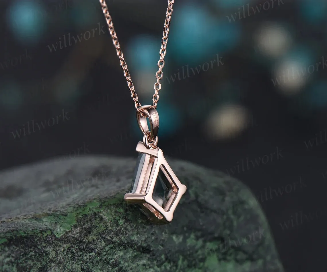 Kite natural moss agate necklace solid 14k 18k rose gold vintage unique Personalized pendant for women her anniversary bridal gift mother sold by Willwork Jewelry product image thumbnail 4