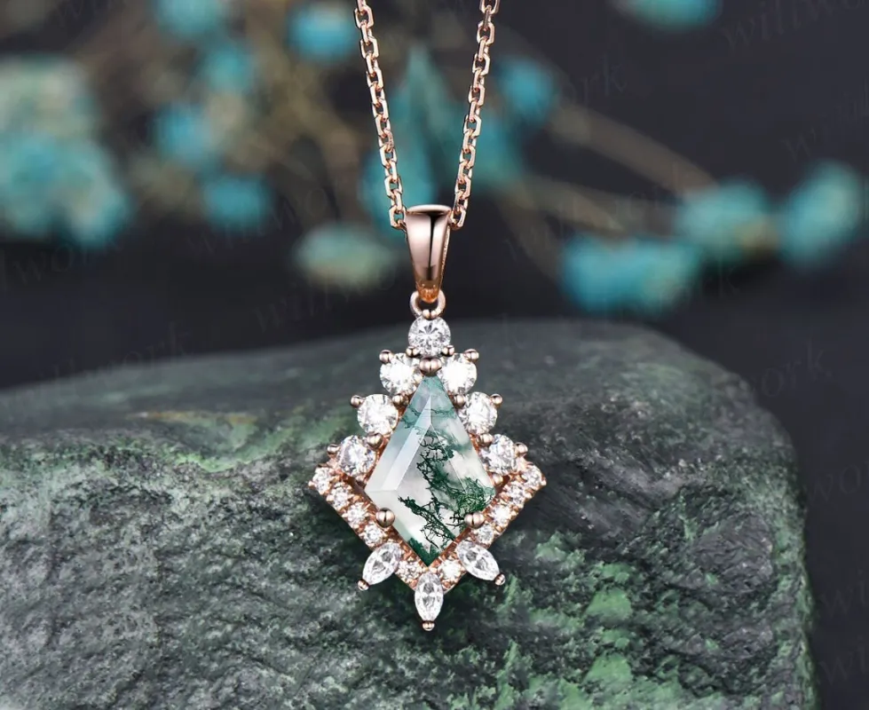 Kite natural moss agate necklace solid 14k 18k rose gold vintage unique halo diamond  pendant for women her anniversary bridal gift mother sold by Willwork Jewelry