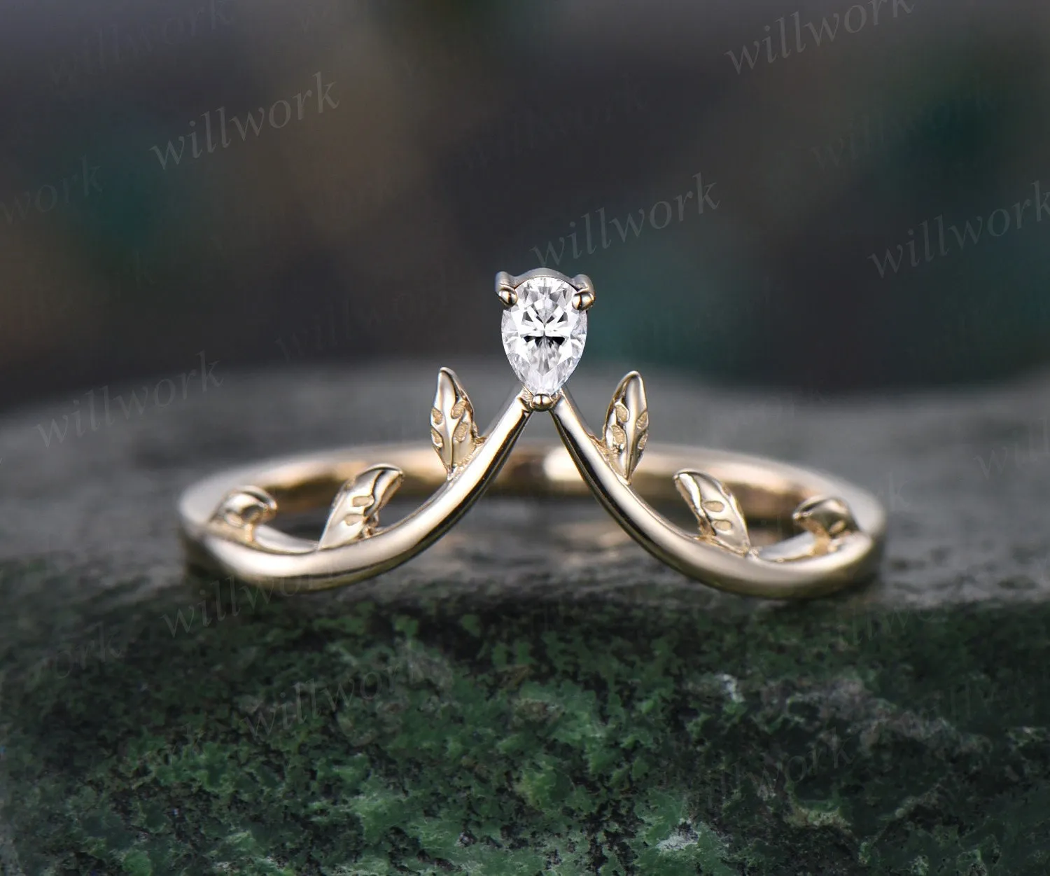 Nature inspired leaf pear diamond wedding band 14k yellow gold art deco vintage moissanite wedding ring band anniversary ring women gift sold by Willwork Jewelry product image thumbnail 3