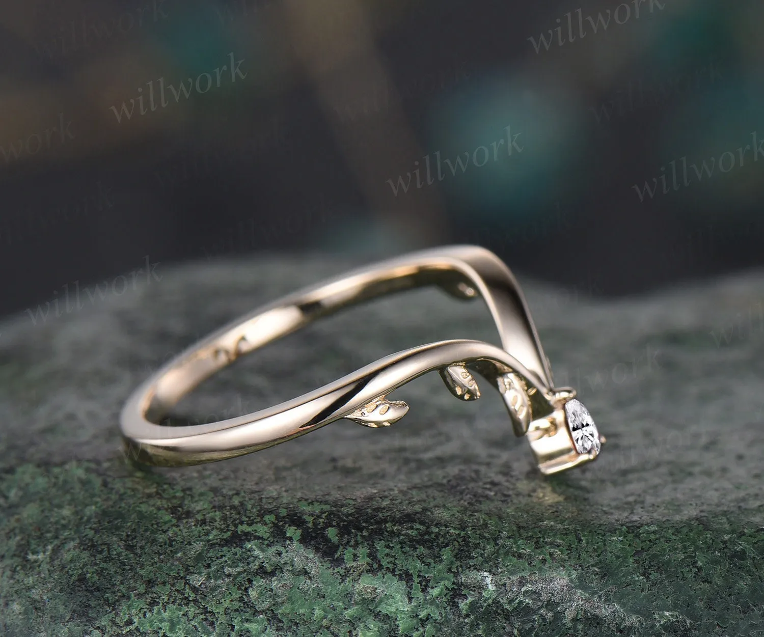 Nature inspired leaf pear diamond wedding band 14k yellow gold art deco vintage moissanite wedding ring band anniversary ring women gift sold by Willwork Jewelry product image thumbnail 4