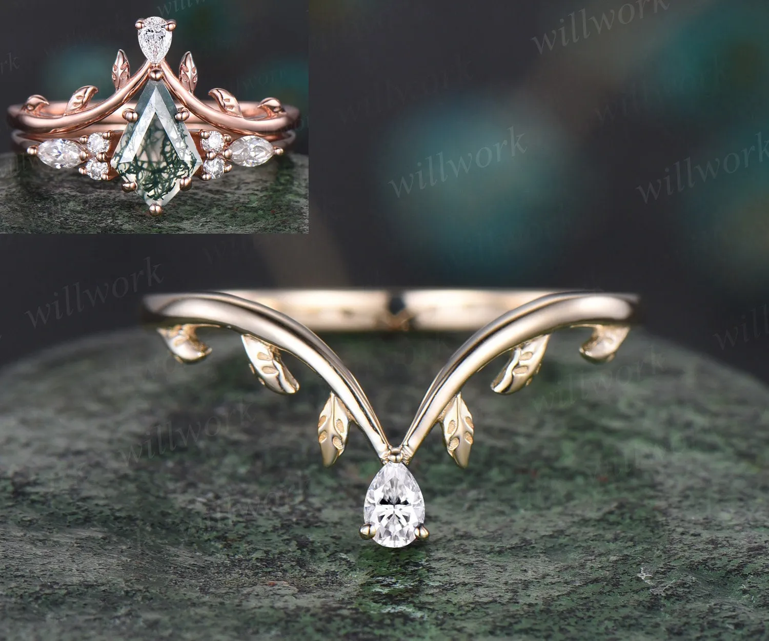 Nature inspired leaf pear diamond wedding band 14k yellow gold art deco vintage moissanite wedding ring band anniversary ring women gift sold by Willwork Jewelry