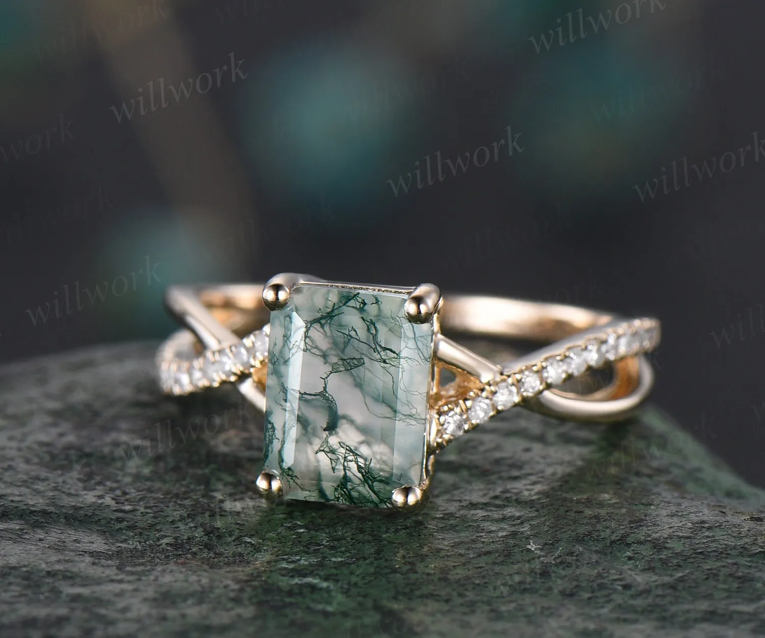 Vintage emerald cut natural moss agate engagement ring solid 14k yellow gold eternity infinity Twisted diamond wedding bridal ring women sold by Willwork Jewelry product image thumbnail 3