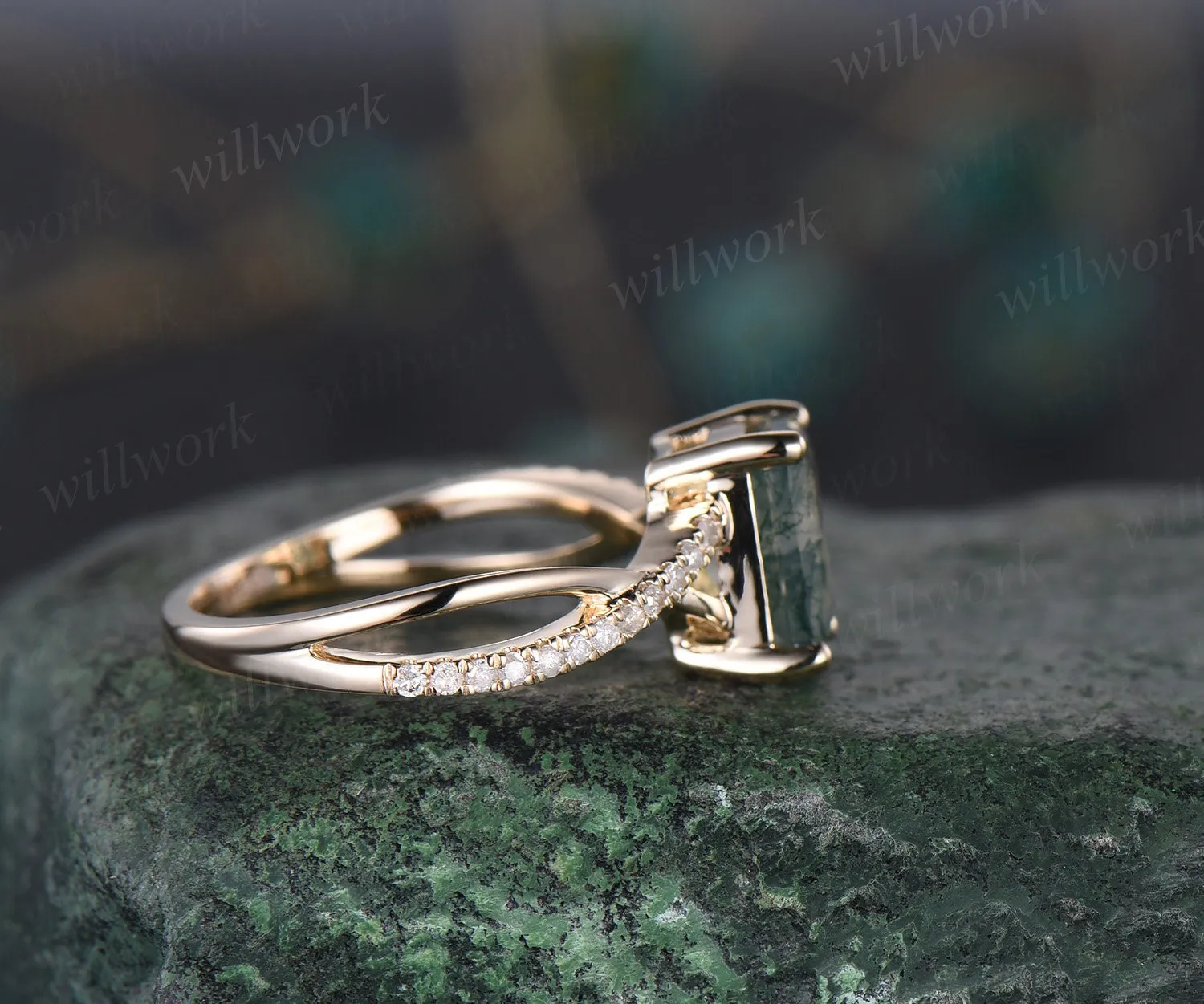 Vintage emerald cut natural moss agate engagement ring solid 14k yellow gold eternity infinity Twisted diamond wedding bridal ring women sold by Willwork Jewelry product image thumbnail 4