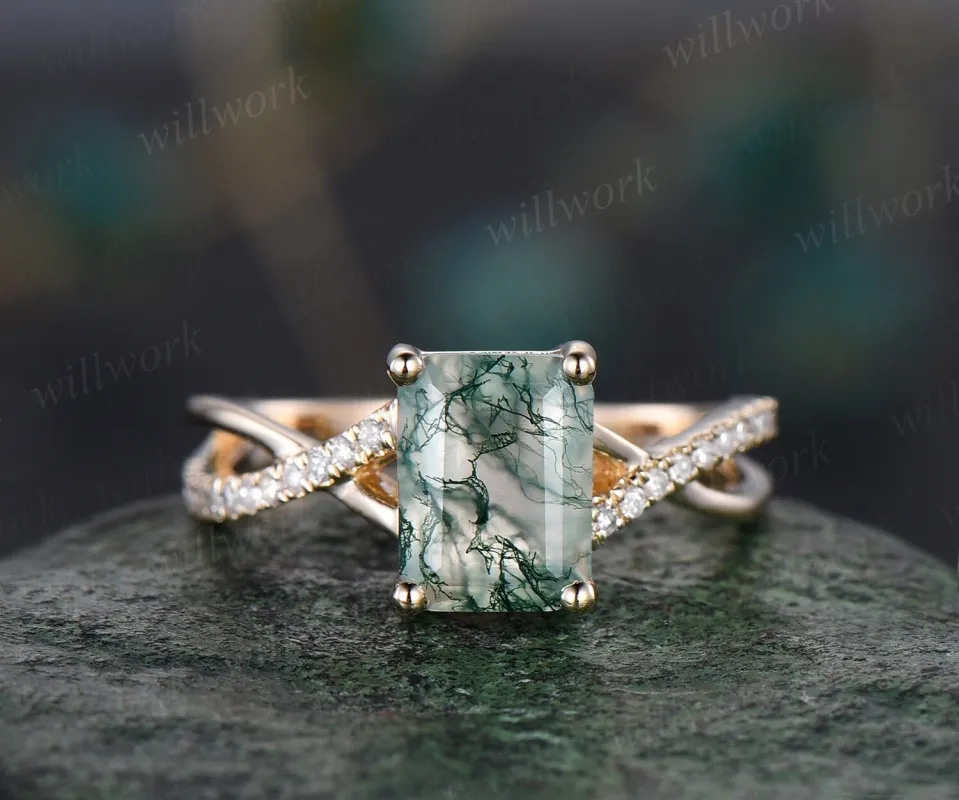 Vintage emerald cut natural moss agate engagement ring solid 14k yellow gold eternity infinity Twisted diamond wedding bridal ring women sold by Willwork Jewelry
