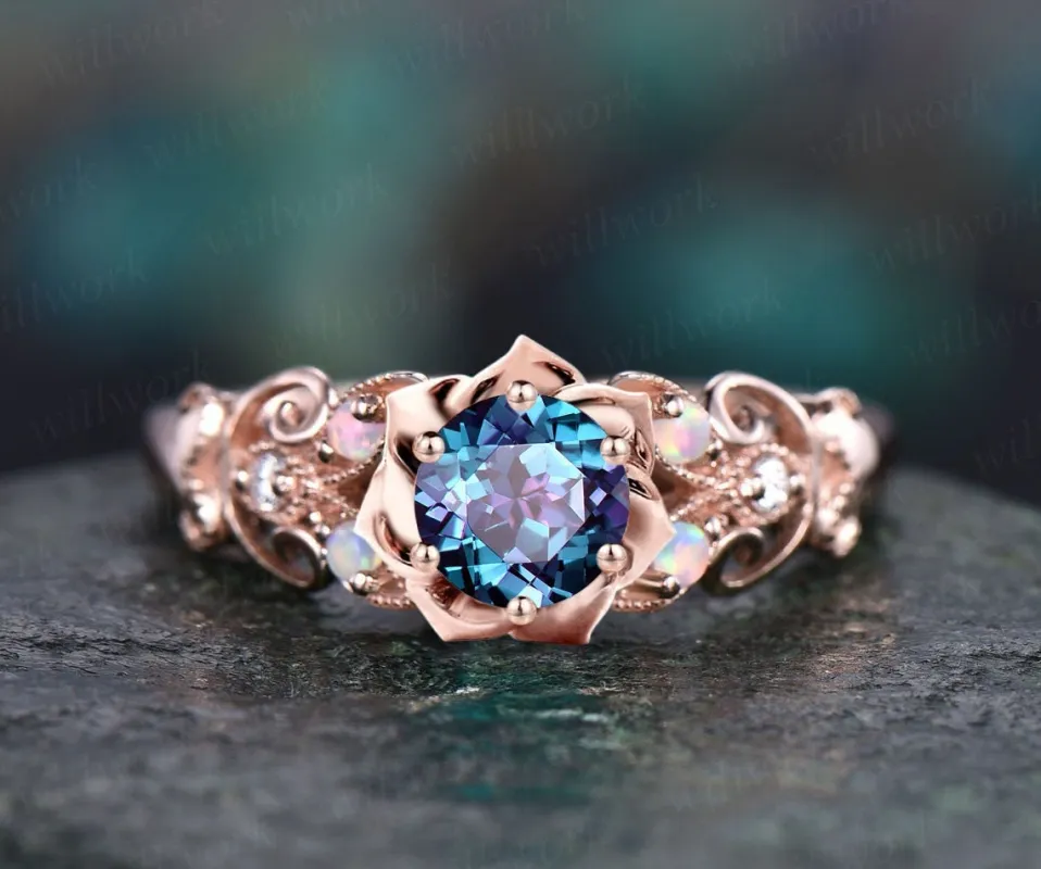 Round Alexandrite ring vintage rose gold butterfly floral engagement ring retro opal moissanite ring unique bridal wedding ring women gift sold by Willwork Jewelry