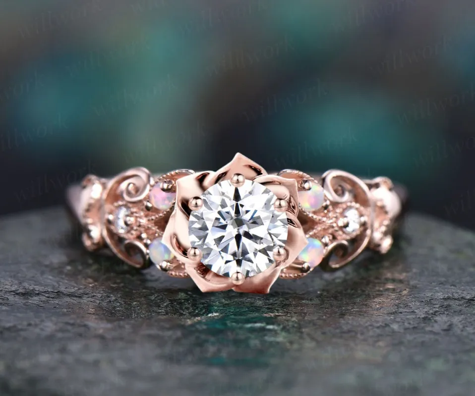 Vintage round moissanite engagement ring women rose gold art deco Milgrain butterfly floral opal ring unique wedding anniversary ring gift sold by Willwork Jewelry