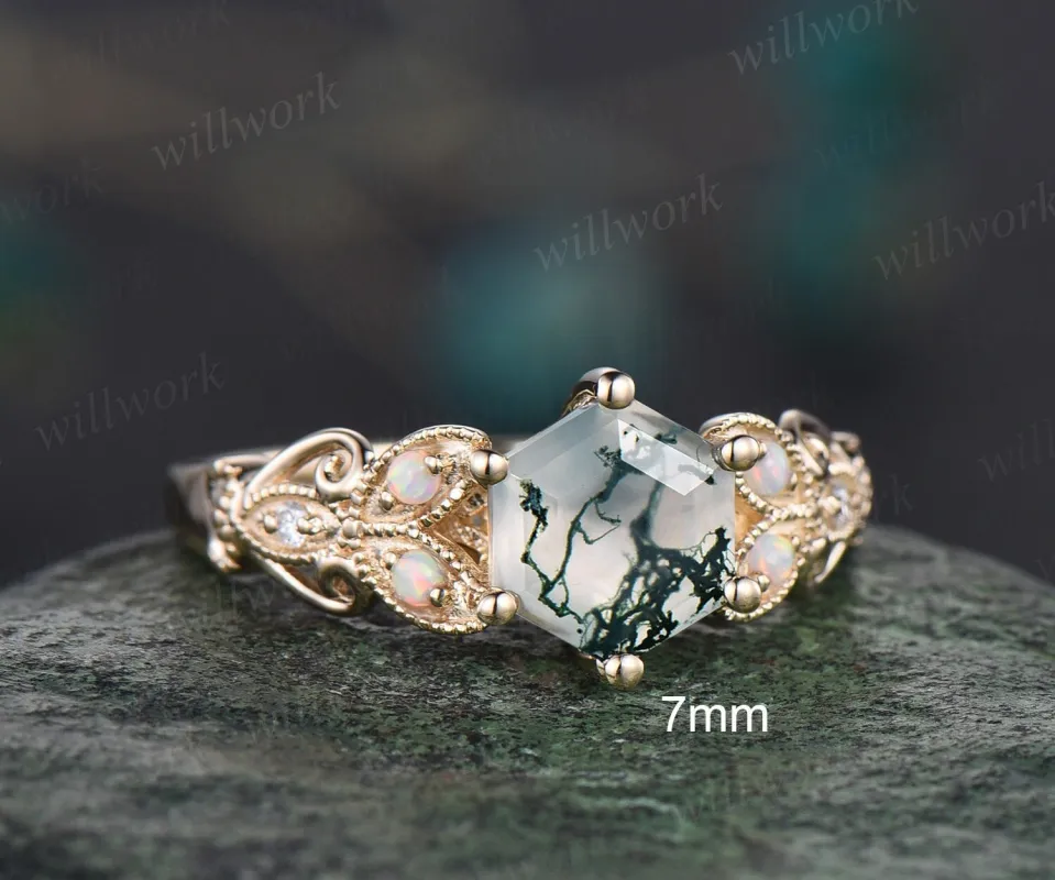 Hexagon moss agate ring vintage leaf opal ring 14k yellow gold unique butterfly engagement ring women Milgrain moissanite wedding ring gift sold by Willwork Jewelry