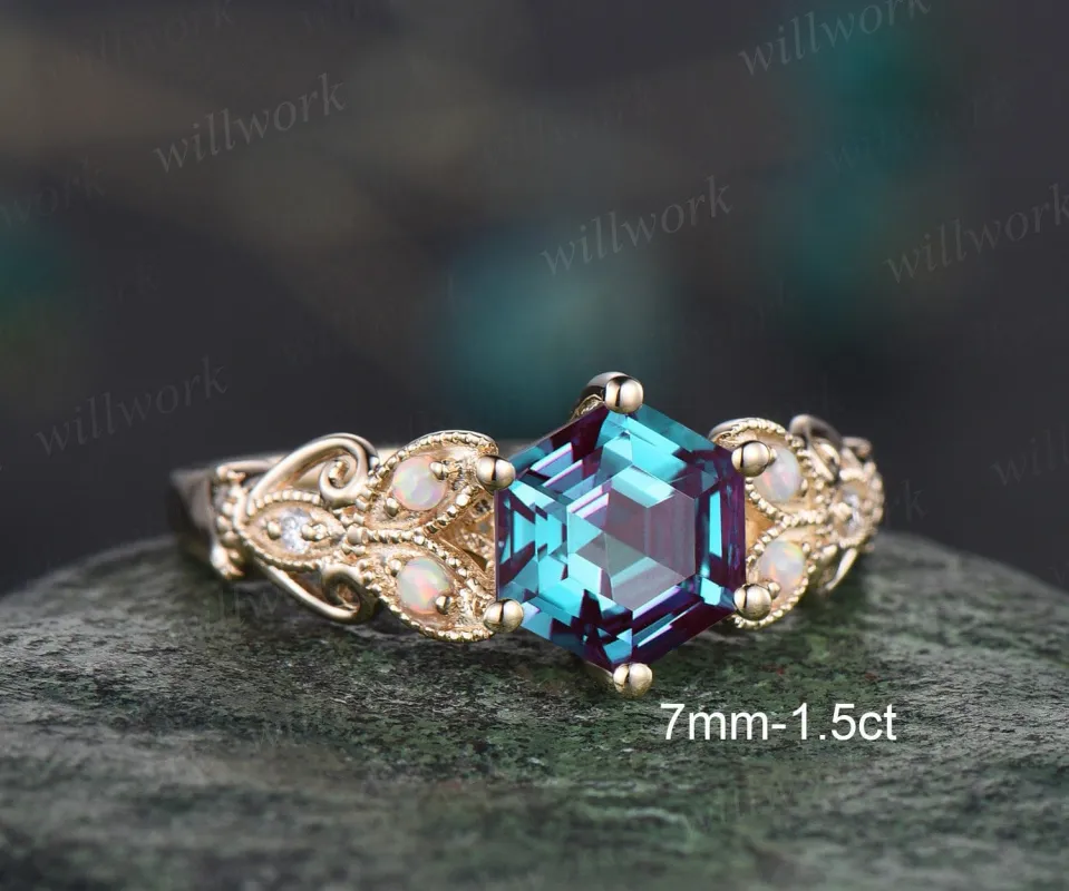Hexagon Alexandrite ring vintage leaf opal ring 14k yellow gold unique butterfly engagement ring women Milgrain moissanite wedding ring gift sold by Willwork Jewelry