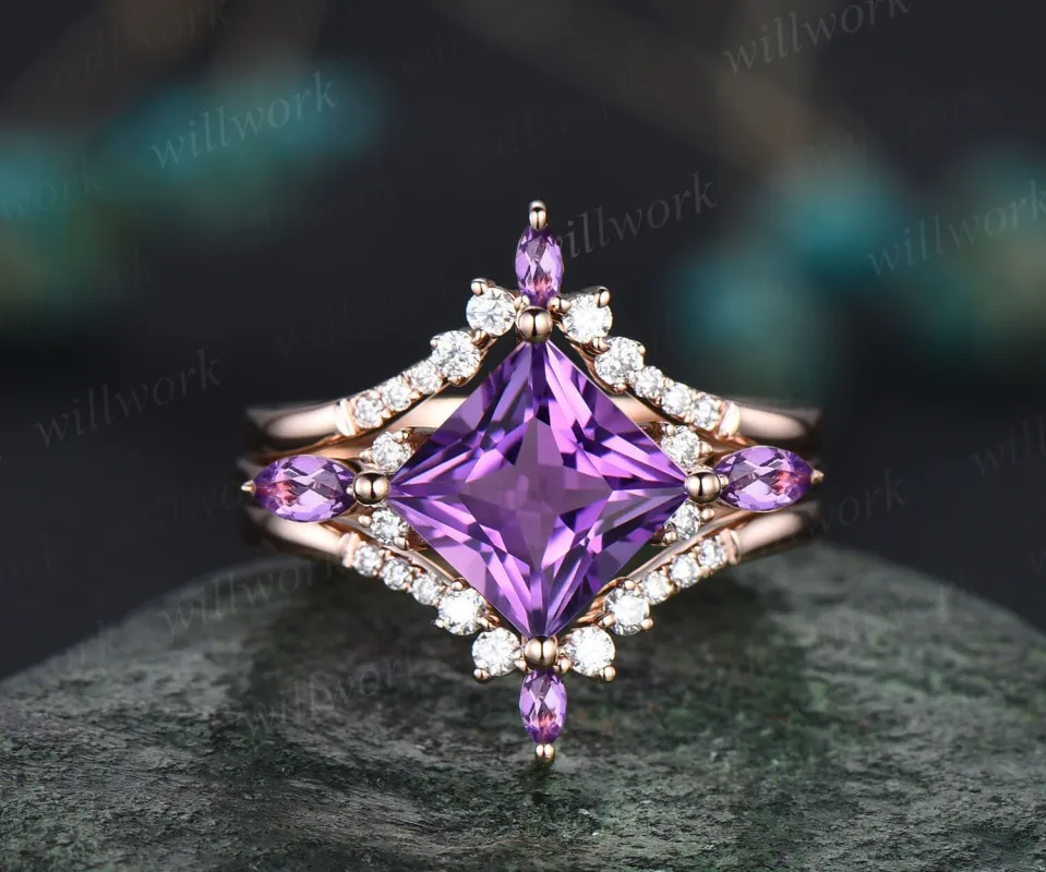 Vintage princess cut amethyst engagement ring rose gold art deco stacking moissanite wedding bridal ring set women purple gemstone gift sold by Willwork Jewelry