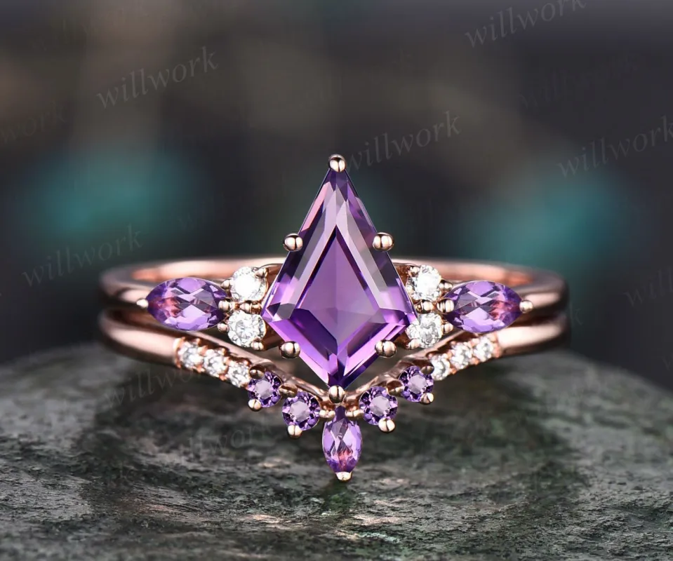 Vintage kite cut amethyst engagement ring art deco rose gold moissanite ring 6 prong bridal wedding ring set women gemstone crystal ring sold by Willwork Jewelry
