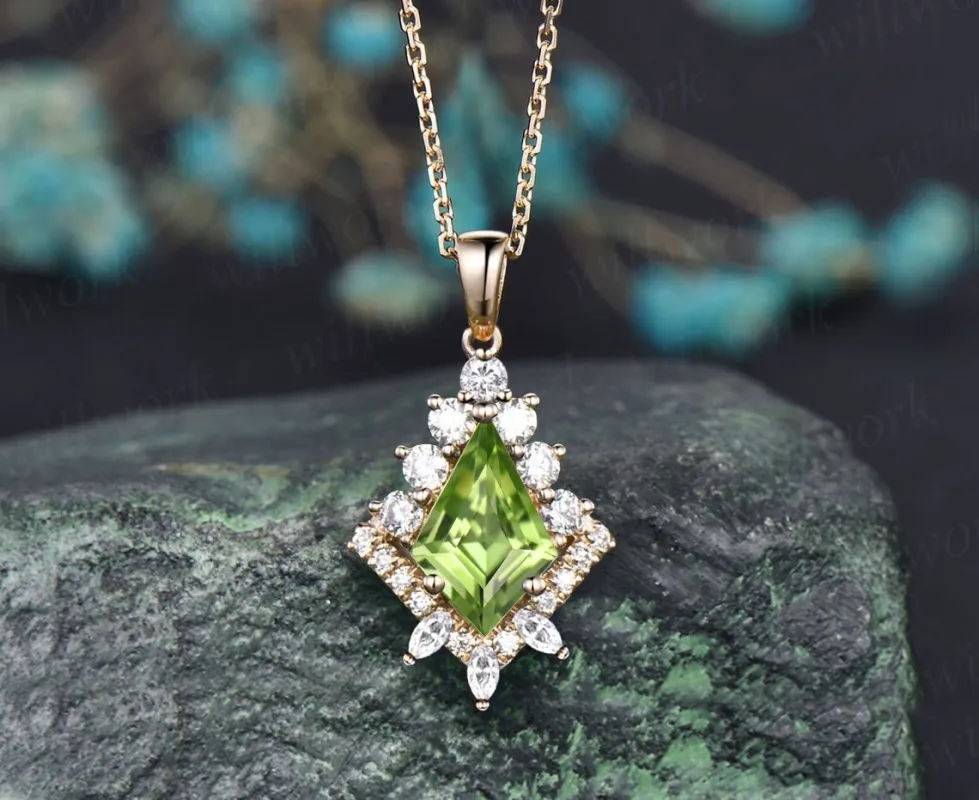 Vintage kite natural peridot necklace solid 14k 18k yellow gold unique halo diamond  pendant for women her art deco anniversary gift mother sold by Willwork Jewelry