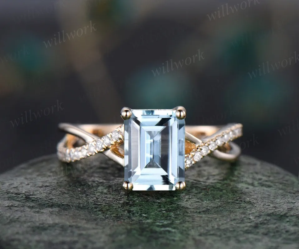 Vintage emerald cut natural Aquamarine engagement ring solid 14k yellow gold eternity infinity Twisted diamond wedding bridal ring women sold by Willwork Jewelry