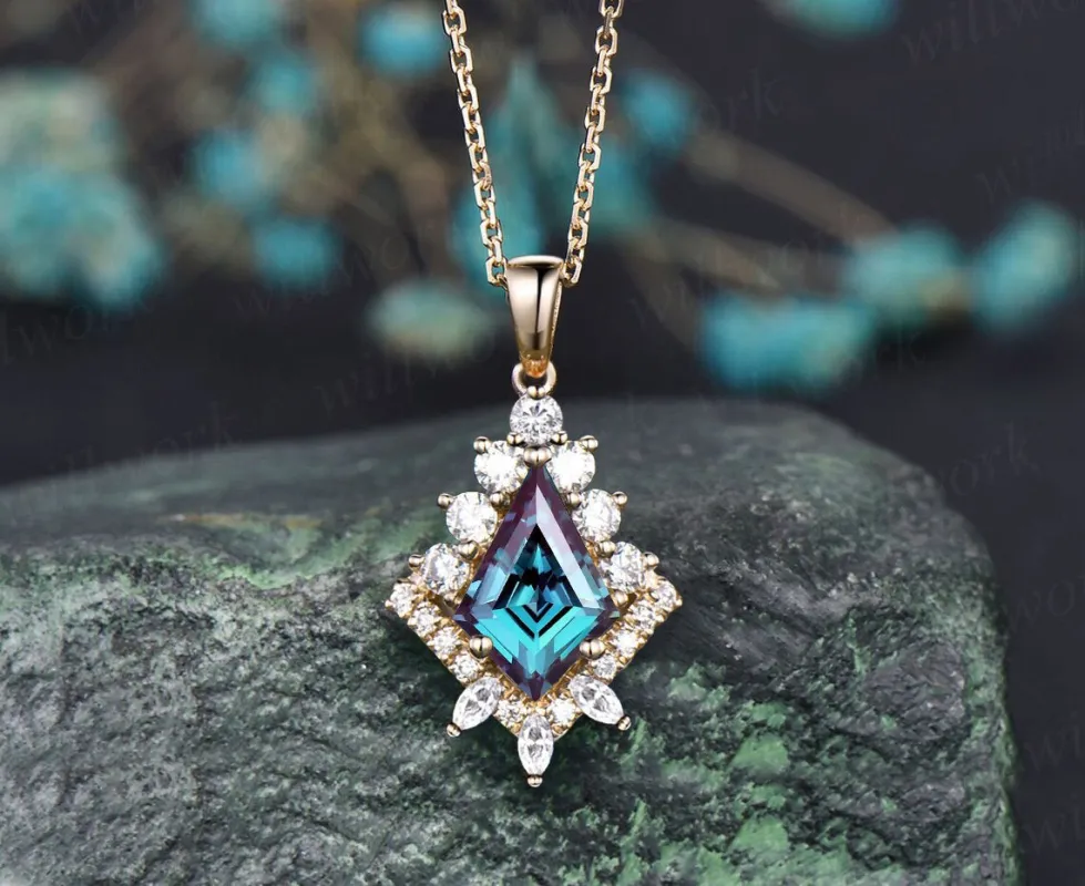 Kite Alexandrite necklace solid 14k 18k yellow gold vintage unique halo diamond pendant for women her art deco anniversary gift mother sold by Willwork Jewelry