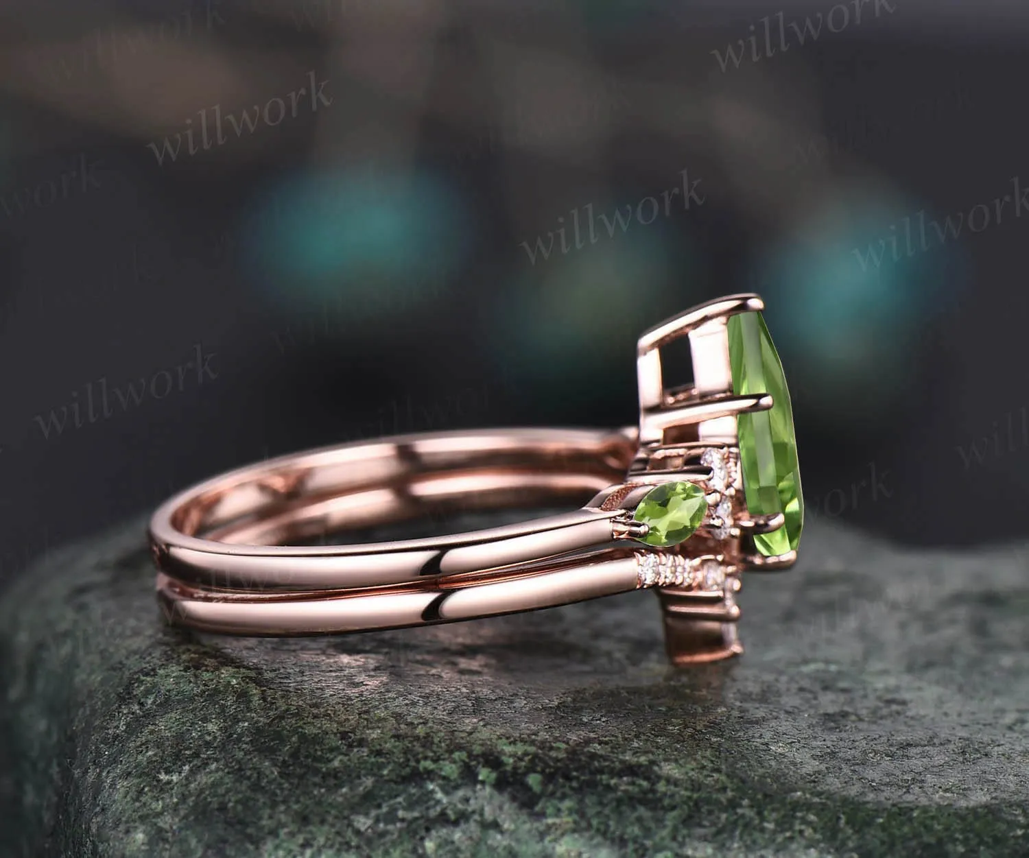 Vintage kite cut green peridot engagement ring set 14k rose gold marquise cut peridot ring for women unique promise bridal wedding ring set sold by Willwork Jewelry product image thumbnail 5