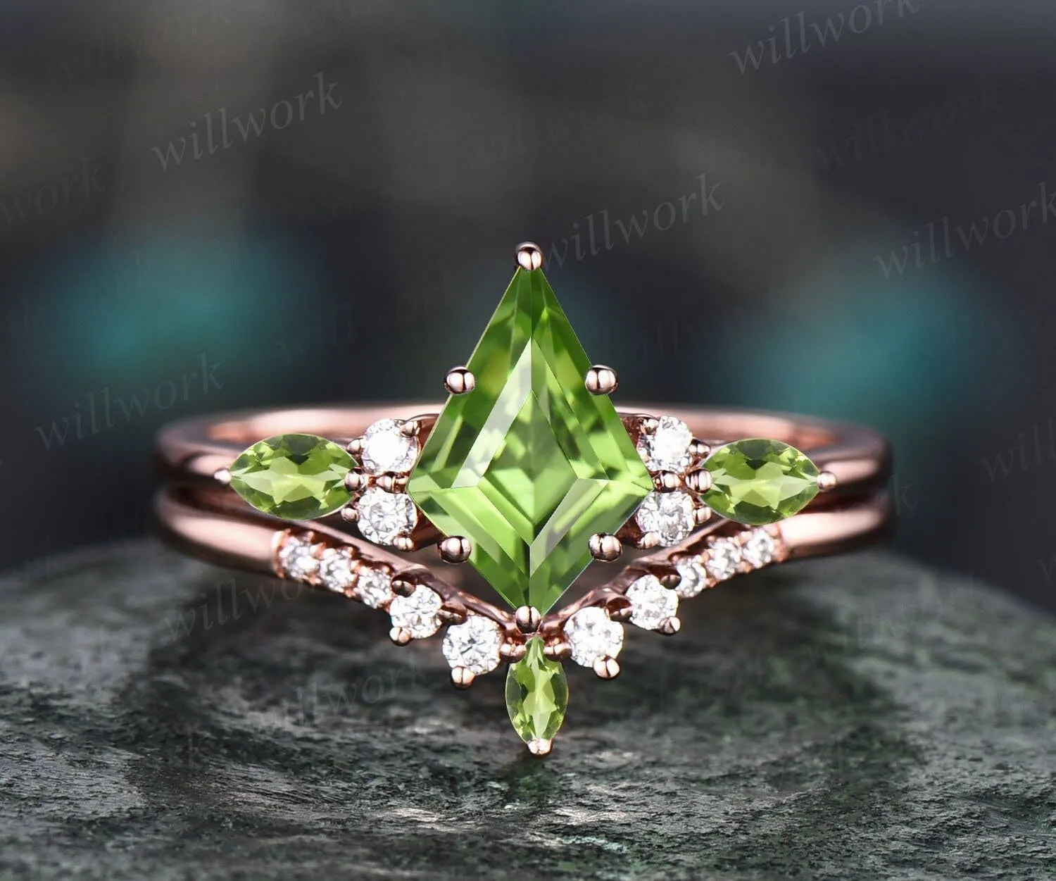 Vintage kite cut green peridot engagement ring set 14k rose gold marquise cut peridot ring for women unique promise bridal wedding ring set sold by Willwork Jewelry