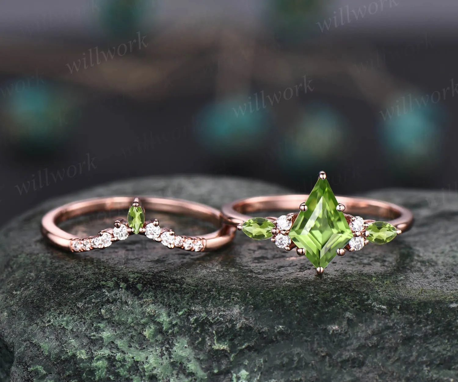 Vintage kite cut green peridot engagement ring set 14k rose gold marquise cut peridot ring for women unique promise bridal wedding ring set sold by Willwork Jewelry product image thumbnail 4