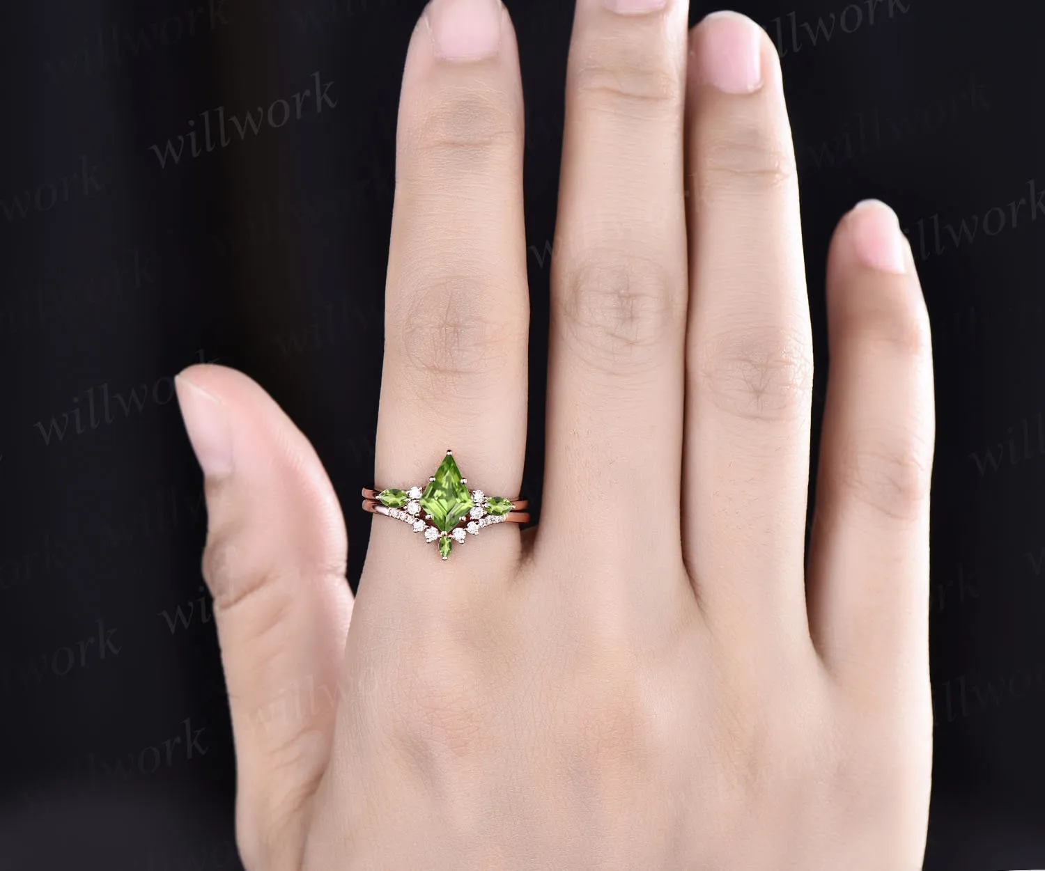 Vintage kite cut green peridot engagement ring set 14k rose gold marquise cut peridot ring for women unique promise bridal wedding ring set sold by Willwork Jewelry product image thumbnail 2