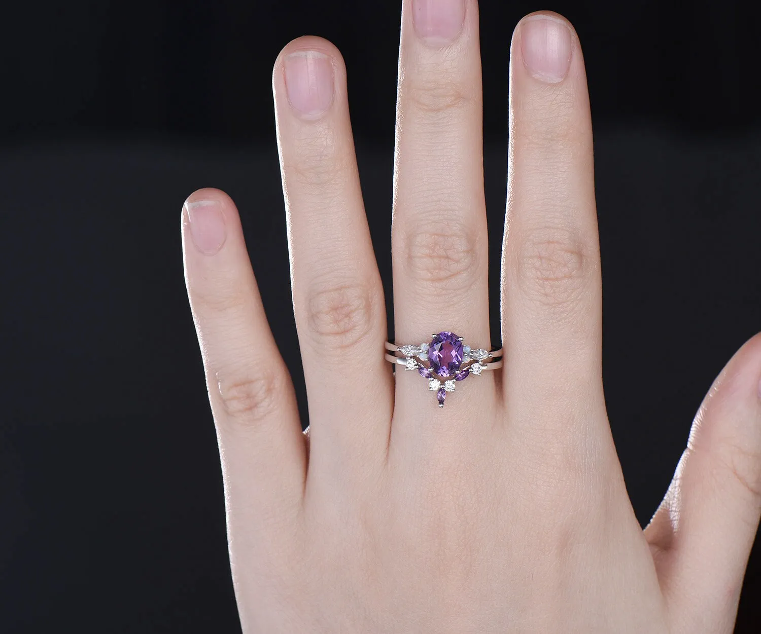 Vintage oval cut amethyst engagement ring white gold opal ring silver moissanite promise wedding bridal ring set women purple gemstone gift sold by Willwork Jewelry product image thumbnail 2