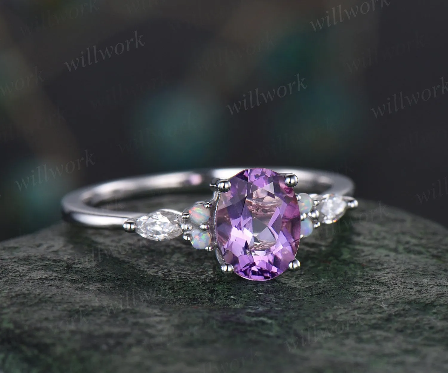 Vintage oval cut amethyst engagement ring white gold opal ring silver moissanite promise wedding bridal ring set women purple gemstone gift sold by Willwork Jewelry product image thumbnail 4