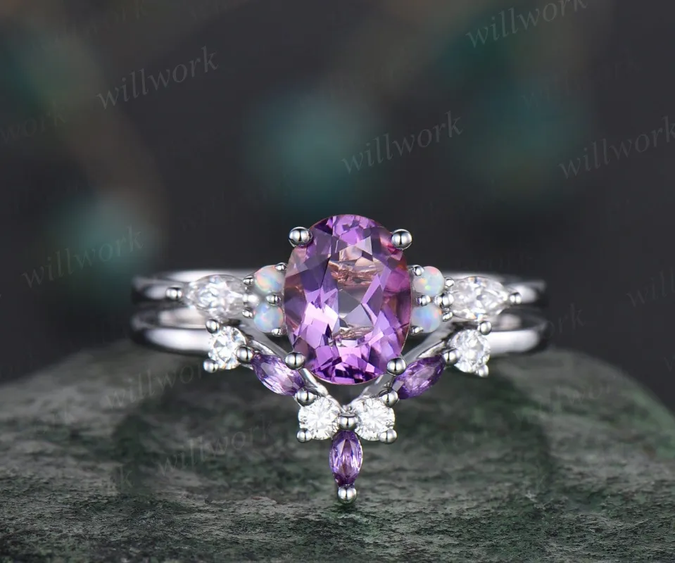 Vintage oval cut amethyst engagement ring white gold opal ring silver moissanite promise wedding bridal ring set women purple gemstone gift sold by Willwork Jewelry