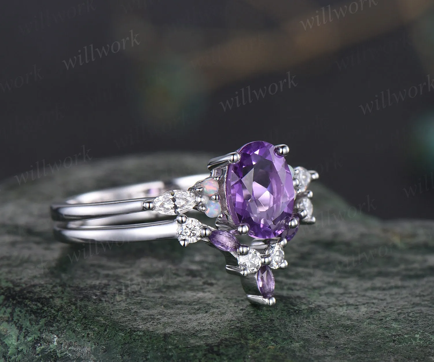 Vintage oval cut amethyst engagement ring white gold opal ring silver moissanite promise wedding bridal ring set women purple gemstone gift sold by Willwork Jewelry product image thumbnail 3