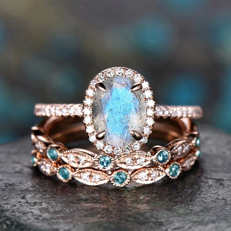 Blue labradorite engagement ring set retro halo oval cut labradorite ring milgrain art deco alexandrite diamonds half eterinty band 14k rose gold bridal ring set birthstone jewelry gifts for women made by Willwork Jewelry