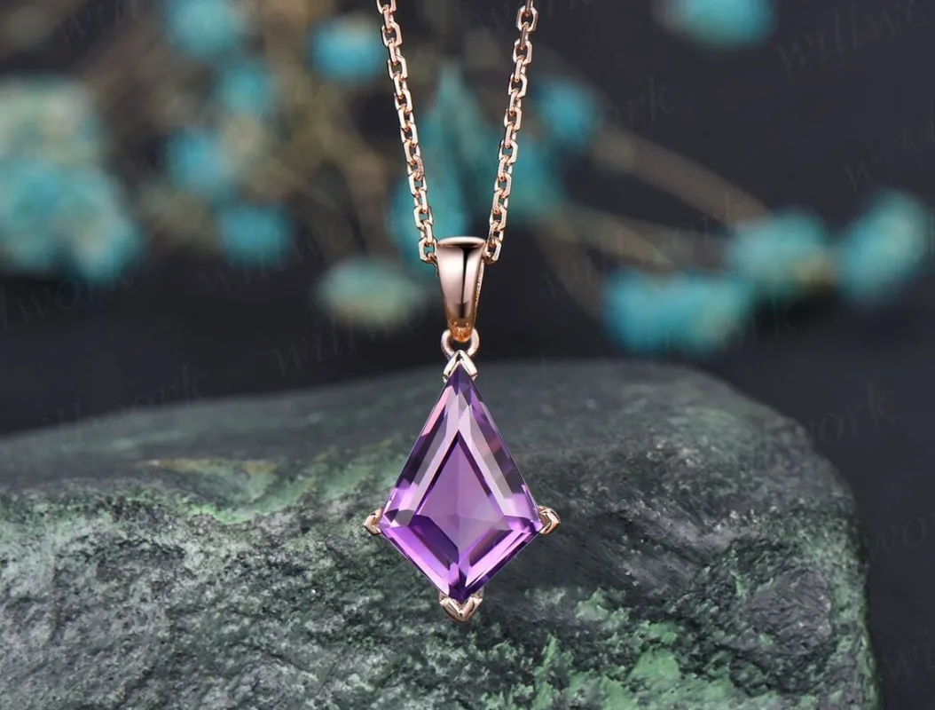 Kite natural Amethyst necklace solid 14k 18k rose gold vintage unique Personalized pendant for women her anniversary bridal gift mother made by Willwork Jewelry