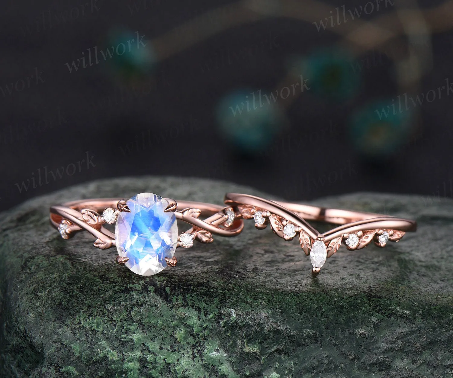 Oval moonstone ring vintage twisted leaf nature inspired engagement ring women five stone diamond anniversary bridal wedding ring set gift sold by Willwork Jewelry product image thumbnail 2