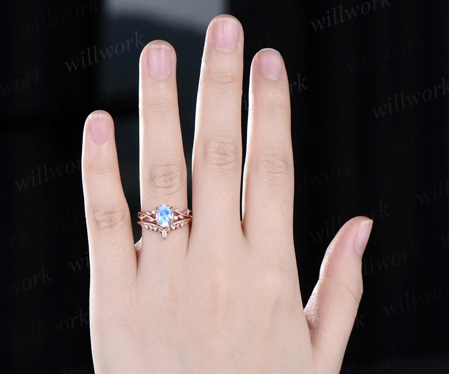 Oval moonstone ring vintage twisted leaf nature inspired engagement ring women five stone diamond anniversary bridal wedding ring set gift sold by Willwork Jewelry product image thumbnail 3