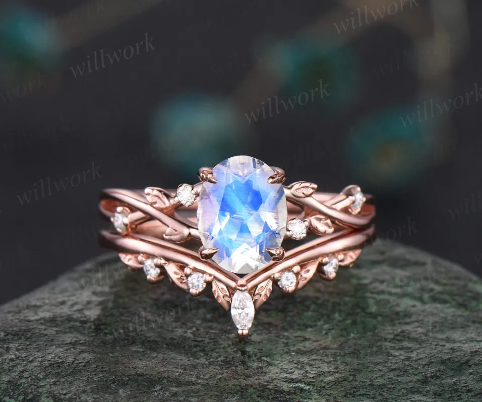 Oval moonstone ring vintage twisted leaf nature inspired engagement ring women five stone diamond anniversary bridal wedding ring set gift sold by Willwork Jewelry