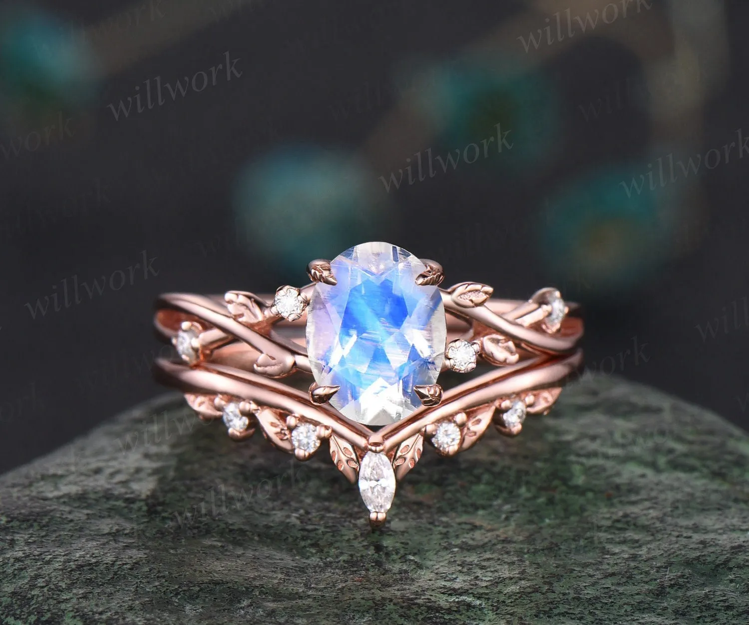 Oval moonstone ring vintage twisted leaf nature inspired engagement ring women five stone diamond anniversary bridal wedding ring set gift sold by Willwork Jewelry