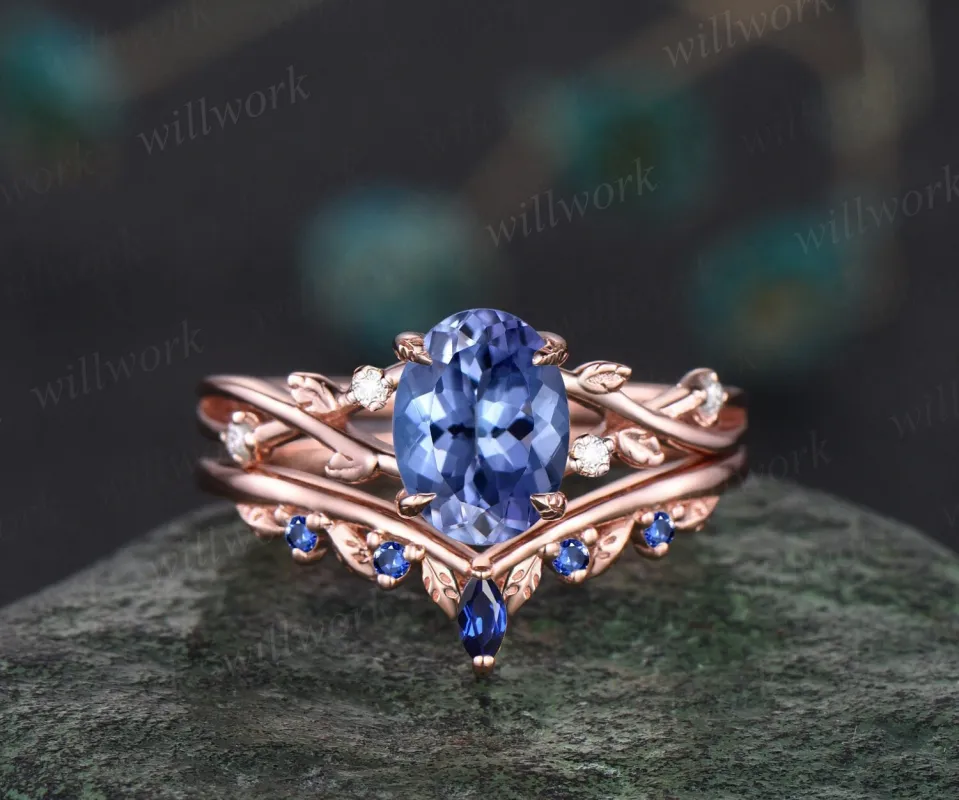 Vintage oval natural Tanzanite engagement ring art deco five stone leaf diamond ring 14k rose gold sapphire wedding ring band bridal set made by Willwork Jewelry