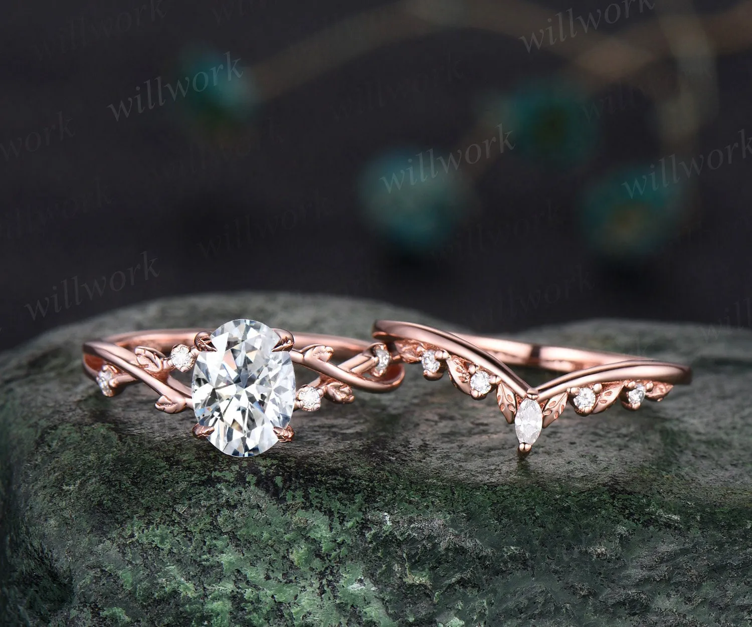 Oval cut moissanite ring vintage twisted leaf nature inspired engagement ring women five stone diamond anniversary bridal wedding ring set sold by Willwork Jewelry product image thumbnail 3