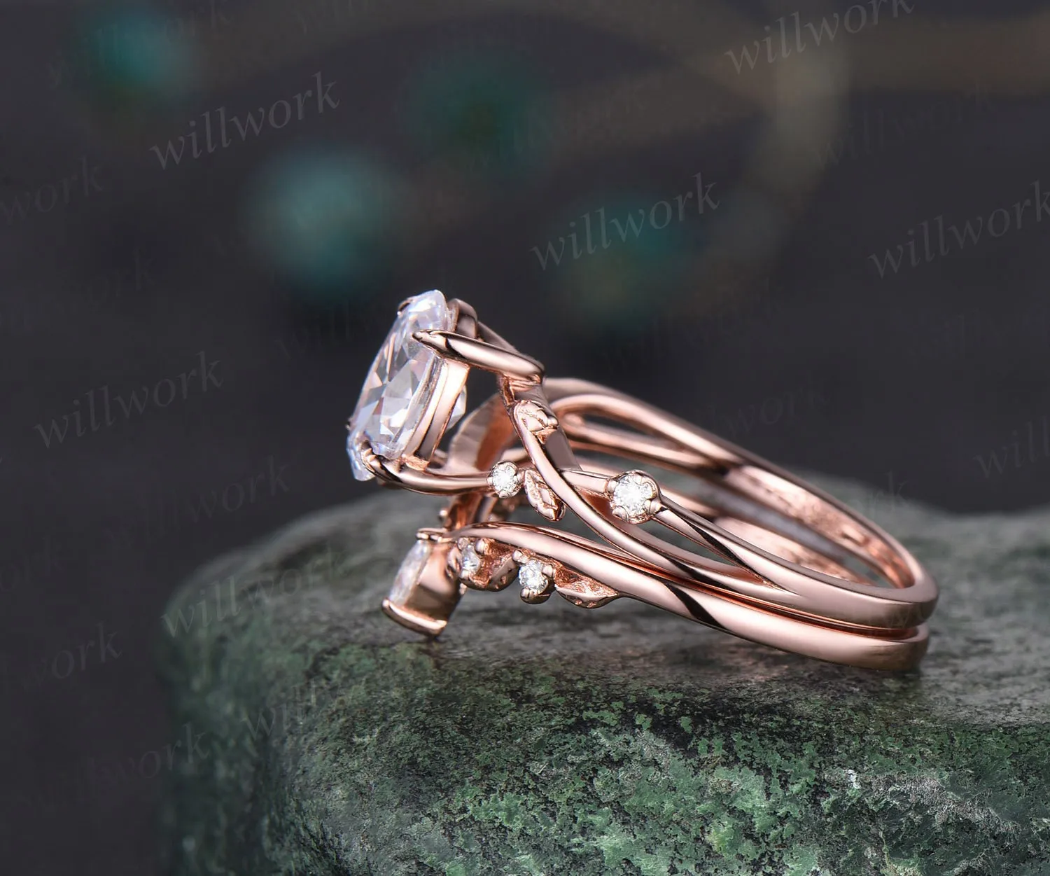 Oval cut moissanite ring vintage twisted leaf nature inspired engagement ring women five stone diamond anniversary bridal wedding ring set sold by Willwork Jewelry product image thumbnail 4