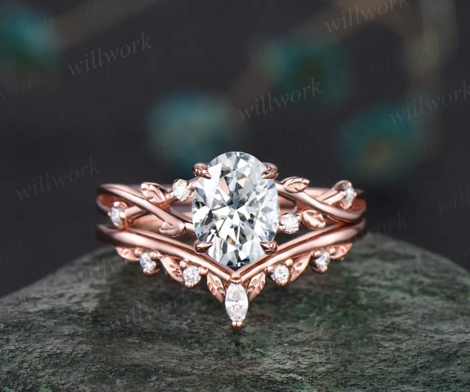 Oval cut moissanite ring vintage twisted leaf nature inspired engagement ring women five stone diamond anniversary bridal wedding ring set sold by Willwork Jewelry