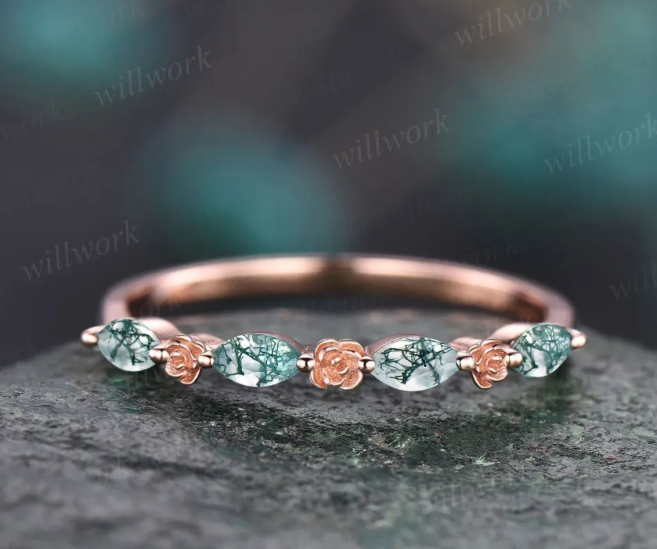 Floral marquise cut moss agate wedding band solid 14k rose gold vintage half eternity crystal ring women retro flower anniversary ring gift sold by Willwork Jewelry