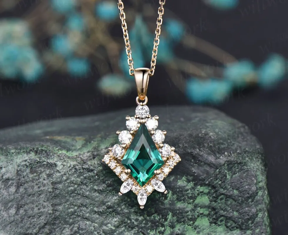Kite cut green emerald necklace solid 14k 18k yellow gold vintage unique halo diamond  pendant women her art deco anniversary gift mother sold by Willwork Jewelry