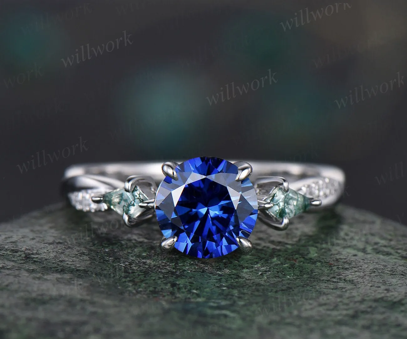 Vintage round blue sapphire engagement ring twisted diamond ring solid 14k white gold antique eternity unique bridal wedding ring women gift sold by Willwork Jewelry product image thumbnail 3