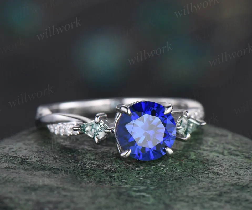 Vintage round blue sapphire engagement ring twisted diamond ring solid 14k white gold antique eternity unique bridal wedding ring women gift sold by Willwork Jewelry