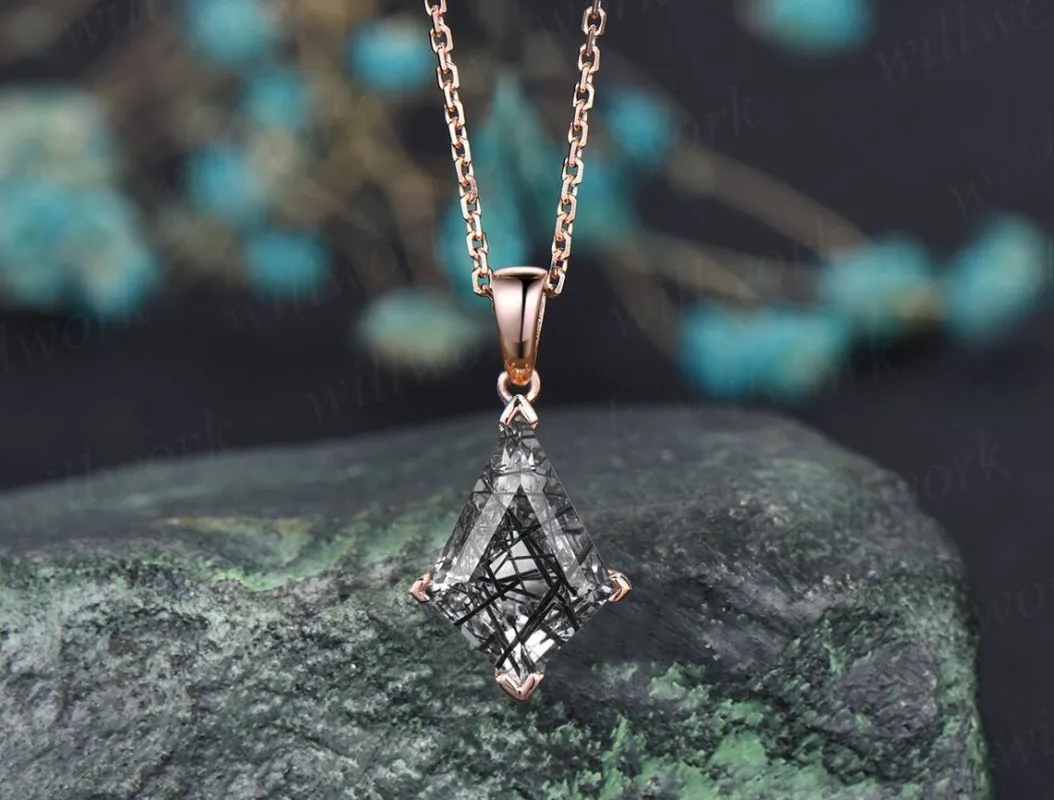 Kite black rutilated quartz necklace solid 14k 18k rose gold vintage unique Personalized pendant women her anniversary bridal gift mother made by Willwork Jewelry