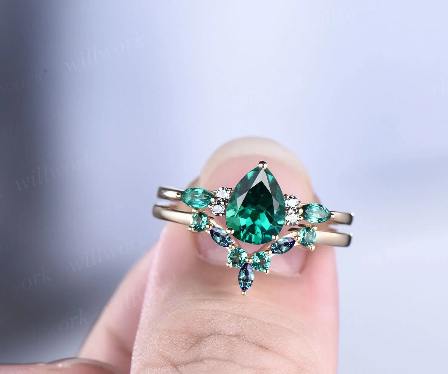Vintage pear shaped emerald engagement ring rose gold marquise alexandrite ring green gemstone ring art deco unique wedding ring set women sold by Willwork Jewelry product image thumbnail 3
