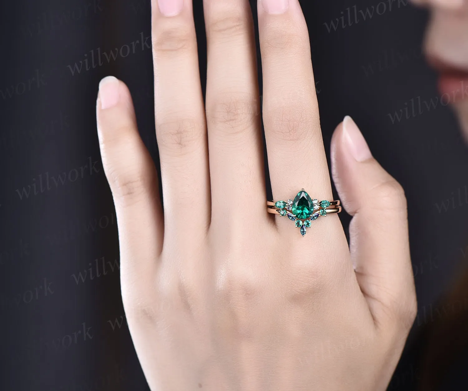 Vintage pear shaped emerald engagement ring rose gold marquise alexandrite ring green gemstone ring art deco unique wedding ring set women sold by Willwork Jewelry product image thumbnail 4